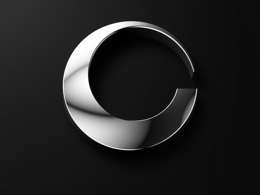 Sleek 3D logo mark with reflective chrome surface, isolated on dark gradient background, sharp focus, photorealistic 8k, commercial photography.